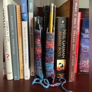 Set of 2 Handmade Multicolor Crochet Pen Holders & Bookmarks